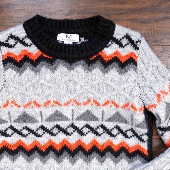 Magaschoni • chunky sweater fair isle Scandi cable knit orange grey black ski - Picture 4 of 10